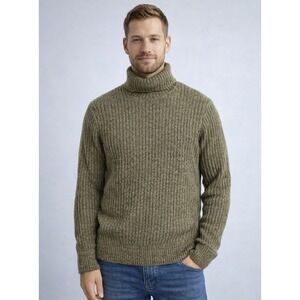 Rorie Whelan Mens Ribbed Turtleneck Sweater Large Olive Green Marled Knit L‎